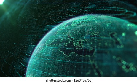 3d Illustration Of Detailed Virtual Planet Earth. Technological Digital Data Glob. Green Map Of The Earth From The Square Points. World Map. Global Network Connection.