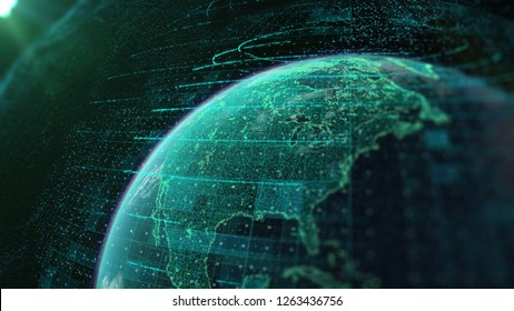 3d Illustration Of Detailed Virtual Planet Earth. Technological Digital Data Glob. Green Map Of The Earth From The Square Points. World Map. Global Network Connection.