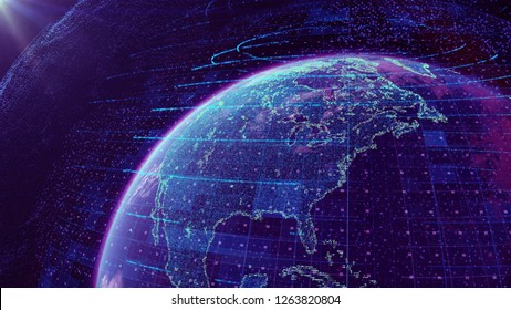 3d Illustration Of Detailed Virtual Planet Earth. Technological Digital Data Glob. Blue Map Of The Earth From The Square Points. World Map. Global Network Connection.