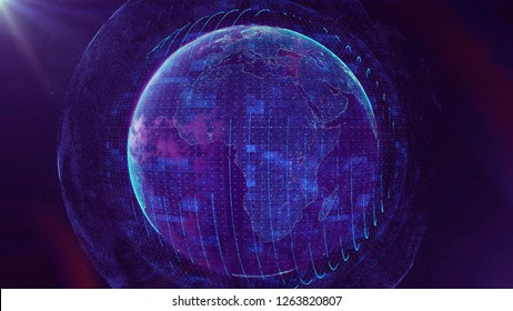 3d Illustration Of Detailed Virtual Planet Earth. Technological Digital Data Glob. Blue Map Of The Earth From The Square Points. World Map. Global Network Connection.