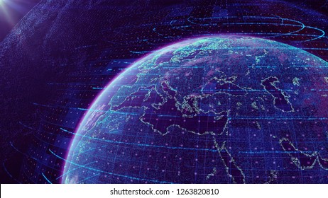 3d Illustration Of Detailed Virtual Planet Earth. Technological Digital Data Glob. Blue Map Of The Earth From The Square Points. World Map. Global Network Connection.