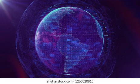 3d Illustration Of Detailed Virtual Planet Earth. Technological Digital Data Glob. Blue Map Of The Earth From The Square Points. World Map. Global Network Connection.