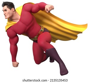 3d Illustration Of A Determined And Powerful Superhero Landing From The Sky.