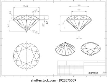 3d Illustration Of Diamond Above Engineering Drawing