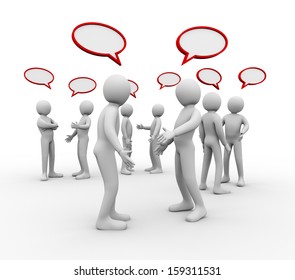3d illustration of different groups of people with empty bubble speech talking and discussion.  3d rendering of human people character.
