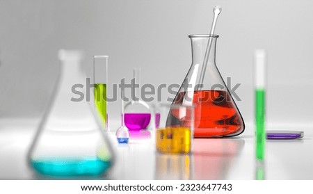 3D illustration of different laboratory flasks, glass containers on white background, copy-space, horizontal view