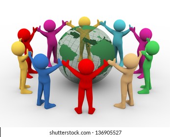 3d illustration of differnt colorful man holding hands in circle around transparent globe.  3d rendering of human people character.