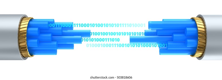 3d illustration of difital data stream inside fiber optics cable