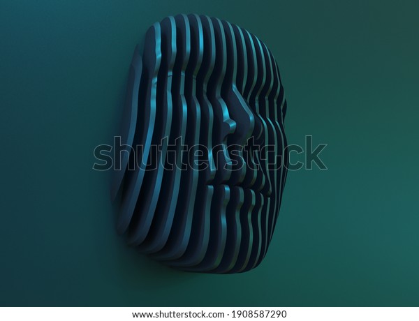 \
3D illustration.\
Digital abstract portrait, face divided into thin stripes.\
Artificial\
Intelligence