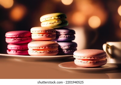 3D Illustration Digital Art, Close-up Of Delicious Macaroons, With A French Cafe In The Background.