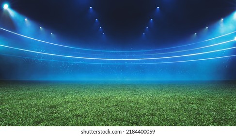 3D Illustration. Digital Football stadium view illuminated by blue spotlights and empty green grass field. Sport theme digital 3D background advertisement illustration design template