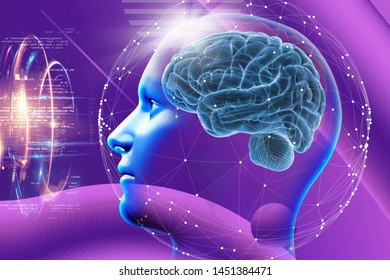 3d illustration. Digital life. Purple background. Head with brain. 