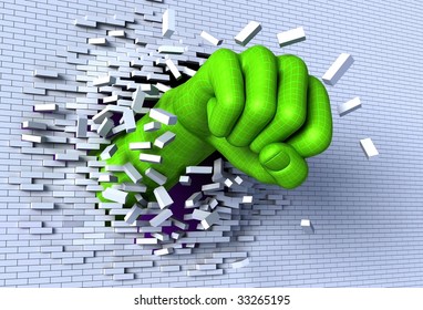 3D illustration of digital, wireframed hand punching and breaking through a brick wall, metaphor for technological breakthrough and revolution