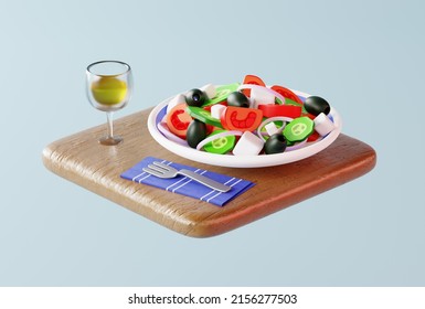 3d Illustration Of Dinner, With 
Greek Salad, And Wine In A Glass On A Wooden Table. 3D Rendering Of A Cartoon Dinner.