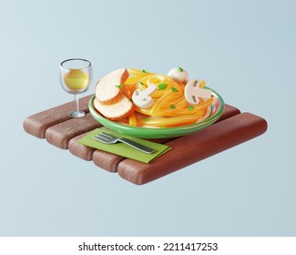 3d illustration of dinner, with italian pasta Alfredo, and wine in a glass on a wooden table. 3D rendering of a cartoon dinner. - Powered by Shutterstock