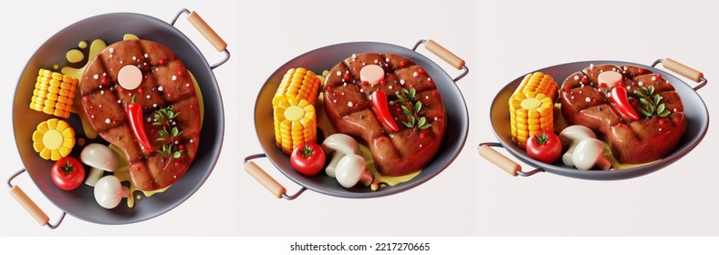 3d Illustration Of Dinner, With A Piece Of Grilled Steak, With Tomato, Corn And Mushrooms On A White Background. 3D Rendering Of A Cartoon Dinner.