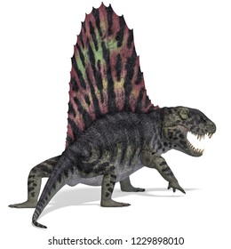 3D illustration of a dinosaur predator dimetrodon over white
