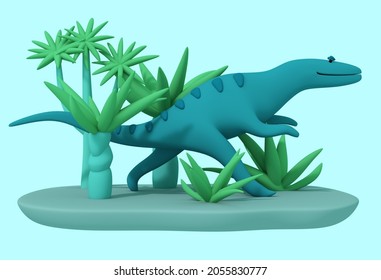 3d Illustration. The Dinosaur Runs Among The Prehistoric Vegetation. Funny Cute Character