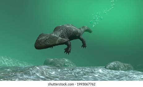 3d Illustration Of A Diplocaulus Underwater