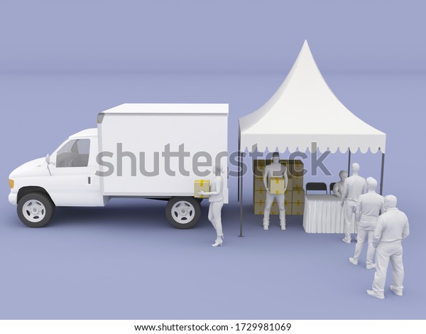 3d illustration distribution box food and\
beverages with box logistic car and sarnafil tent for helping poor\
people. High resolution image\
isolated.