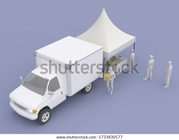 3d illustration distribution box food and\
beverages with box logistic car and sarnafil tent for helping poor\
people. High resolution image\
isolated.
