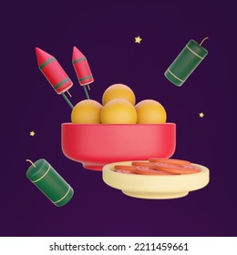 3d Illustration For Diwali Of Green Red Fire Cracker Bombs Or Pataka Rocket Fireworks With Mithai Food, Ladoo Sweets On Dark Purple Isolated Background, Happy Deepawali, Indian Hindu Festival Of Light