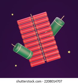 3d Illustration For Diwali Of Traditional Green And Red Fire Cracker Bombs Or Pataka Fireworks On Dark Purple Isolated Background, Happy Deepawali, Indian Hindu Festival Of Light