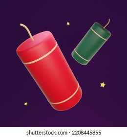 3d Illustration For Diwali Of Traditional Green And Red Fire Cracker Bombs Or Pataka Fireworks On Dark Purple Isolated Background, Happy Deepawali, Indian Hindu Festival Of Light