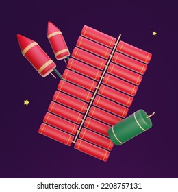 3d Illustration For Diwali Of Traditional Green And Red Fire Cracker Bombs Or Pataka Rocket Fireworks On Dark Purple Isolated Background, Happy Deepawali, Indian Hindu Festival Of Light