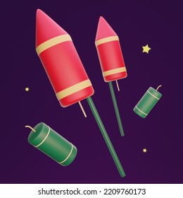 3d Illustration For Diwali Of Traditional Green And Red Fire Cracker Bombs Or Pataka Rocket Fireworks On Dark Purple Isolated Background, Happy Deepawali, Indian Hindu Festival Of Light