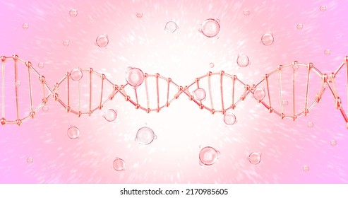 3d Illustration DNA In Bubbles In Pink Tones. Woman Anti Aging Concept. Advertising Rejuvenation, Cosmetology, Biological Additives, Stem Cell Storage And The Birth Of A New Life