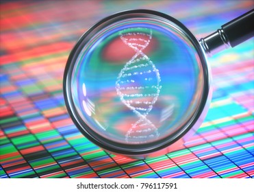 3D Illustration. DNA Sanger Sequencing And A Magnifying Glass Showing The DNA Helix.