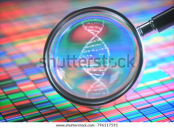 3D illustration. DNA Sanger Sequencing and\
a Magnifying Glass Showing the DNA\
Helix.