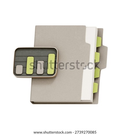 3D illustration of document folder with bar chart icon for portfolio management, used in accounting apps, financial record systems, business report features, audit dashboards, and fintech interfaces.