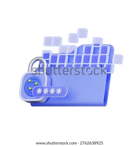 3D illustration of document folder with login password for secure access, data authentication, privacy protection, user verification, and account security.