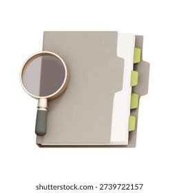 3D illustration of document folder with magnifying glass for document inspection, used in audit apps, file search features, due diligence systems, investigation dashboards, and fintech user interfaces.