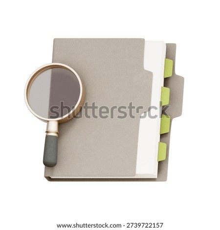 3D illustration of document folder with magnifying glass for document inspection, used in audit apps, file search features, due diligence systems, investigation dashboards, and fintech user interfaces.