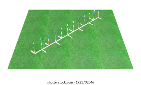 3D Illustration Of Dog Agility Equipment On Green Grass Isolated On White - Single Piece - Weave Poles