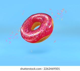 3d Illustration donut with viva magenta glaze. Color of the year 2023. Floating Pink Delicious donuts with icing on bright blue background. National donut day. 3D Illustration - Powered by Shutterstock