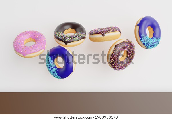 3D Illustration of donuts\
falling.