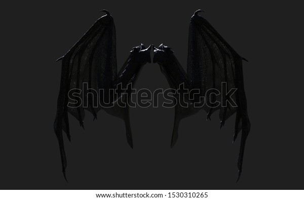 黑い背景に切り取り線と3dイラストドラゴンウィング 悪魔の翼 悪魔の翼の羽 のイラスト素材