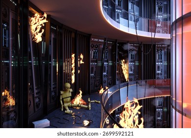 3d illustration. A dramatic and intense disaster scene in a futuristic data center: fire is engulfing server racks, and a small, damaged robot lies amidst the flames and smoke.