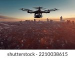 3d illustration drone with digital camera flying over a city and patrolling the environment.