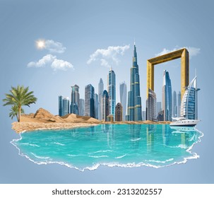 3d illustration of Dubai beach isolated. beach mock up. urban skyline on background, sea waves. - Powered by Shutterstock