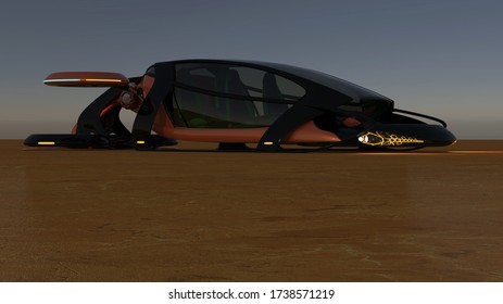 A 3D Illustration. At Dusk, There Is A Black-and-orange Flying Machine On The Ground, With Its Dimensions Turned On. Transport Of The Future. The Concept Of A Flying Car Is Possible . Side View.