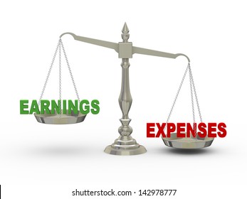 3d illustration of earnings and expenses on scale.  