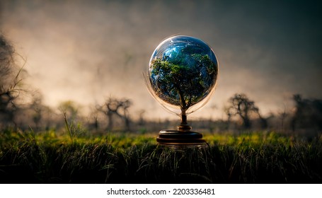 A 3D Illustration Of The Earth Growing From A Small Tree In The Middle Of Dreamy Field