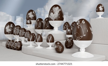 3d illustration. Easter. Decorated chocolate eggs. Sweet tradition on the occasion of Easter holiday.