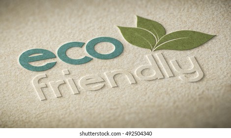 3D illustration of an eco friendly label embossed on a paper texture with blur effect. Concept of ecofriendly products or environmental preservation 