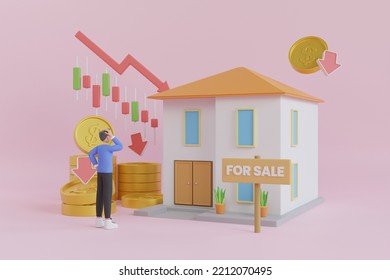 3D Illustration Of Economic Recession. 3D Illustration Of World Crisis. Selling House Due To Economic Crisis. Financial Stagnation, Recession, Crisis, Business Crash And Economic Collapse.3d Rendering